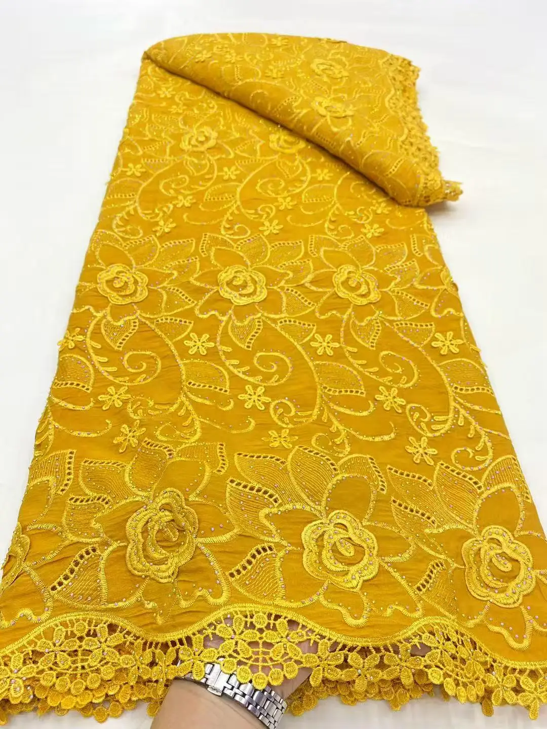 Color: Gold, Width: 120cm, Length: 5 yards - 5 Yards Nigerian Guipure Cord Lace Fabric High Quality Embroidery African Milk Silk Wedding Lace Fabric 2025 Material