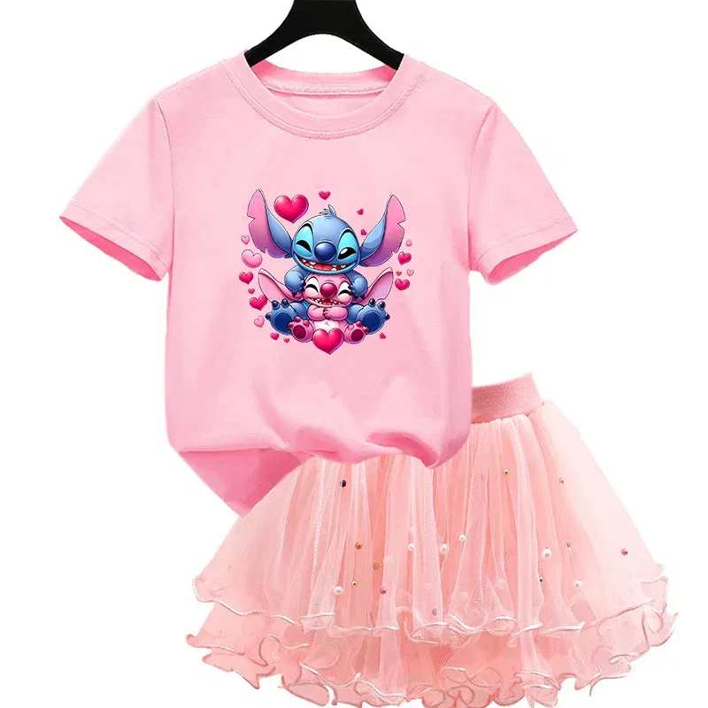 Color: Lavender, Kid Size: 4T - 2pcs Lilo Stitch Summer Girls Outfits Cartoon T-shirt and Tutu Skirt Princess Clothes Suit Children Birthday Clothing Sets
