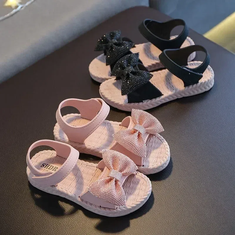 Color: black, Shoe Size: 3 - Girls Sandals 2024 Summer Princess Children Sandals Bow Tie Girl Shoes Fashion Casual Non Slip Kids Beach Shoes
