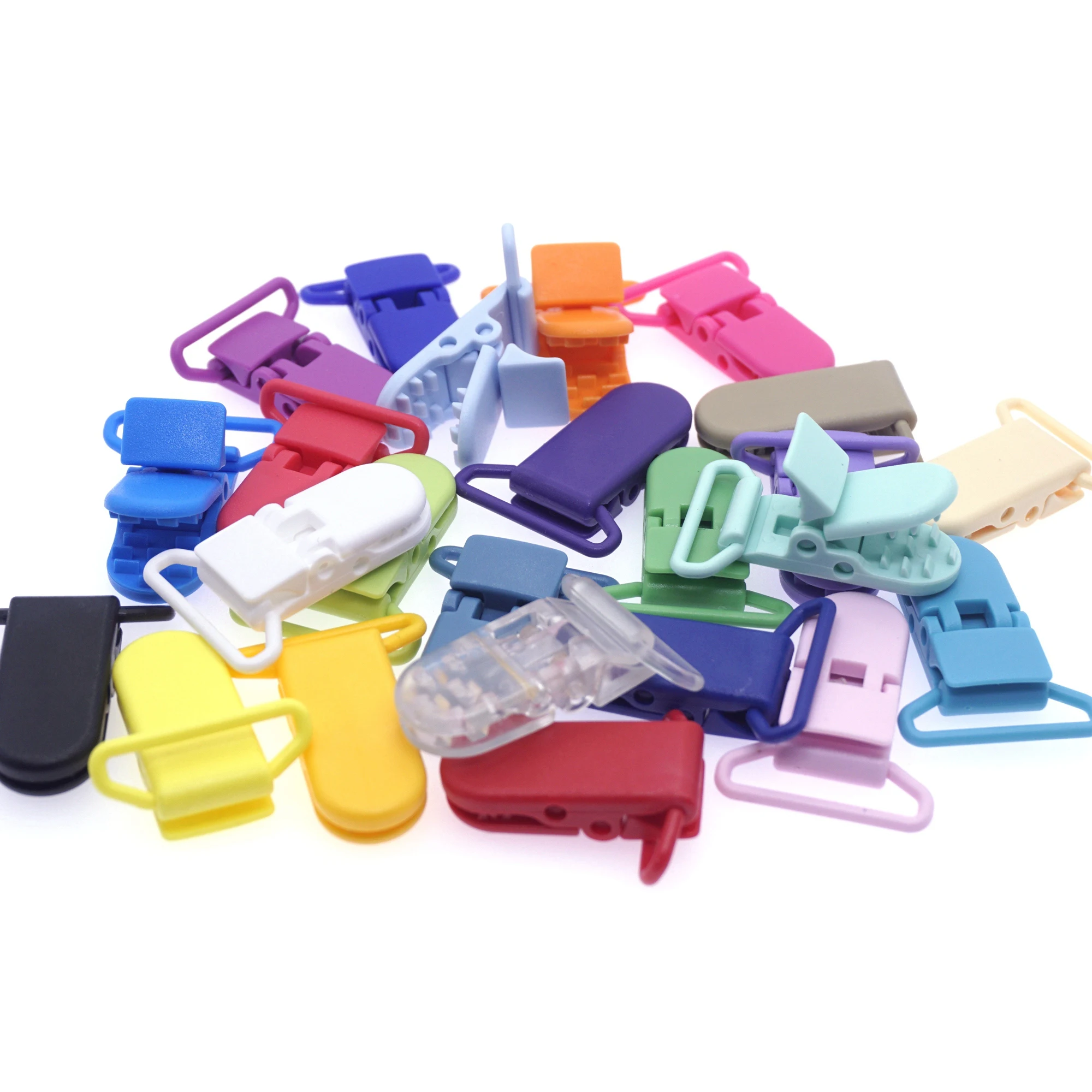 Color: PURPLE - 48Pcs Eco-friendly Plastic Baby Pacifier Clips Holder Mix Colors Dummy Soother Bib Suspender Clip Transparent 25MM Free Shipping