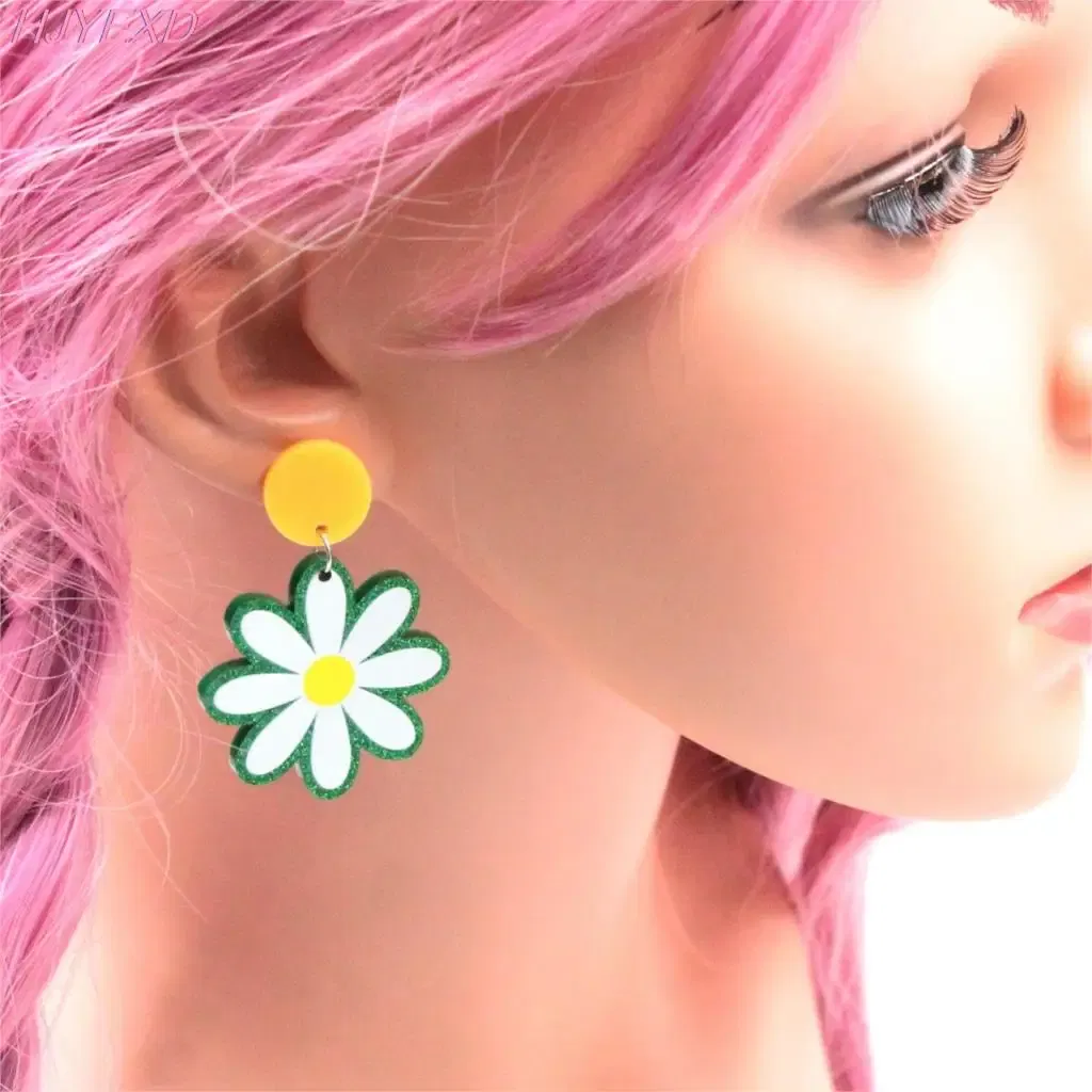 Metal Color: BROWN, Ships From: CN - 35mm Acrylic Daisy Dangle Earrings Cute Earrings Glitter Jewelry Acrylic Earrings