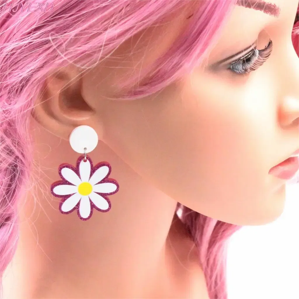 Metal Color: BROWN, Ships From: CN - 35mm Acrylic Daisy Dangle Earrings Cute Earrings Glitter Jewelry Acrylic Earrings
