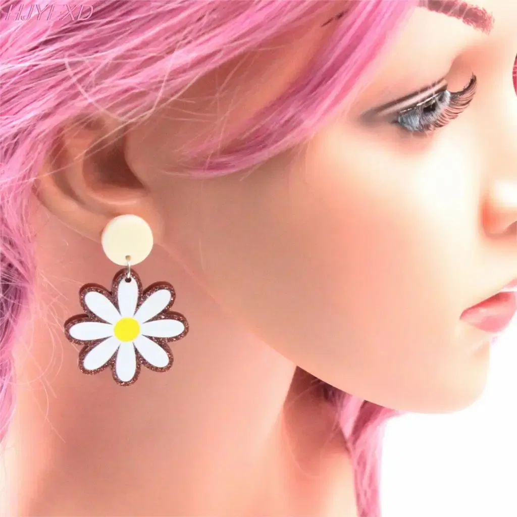 Metal Color: BROWN, Ships From: CN - 35mm Acrylic Daisy Dangle Earrings Cute Earrings Glitter Jewelry Acrylic Earrings