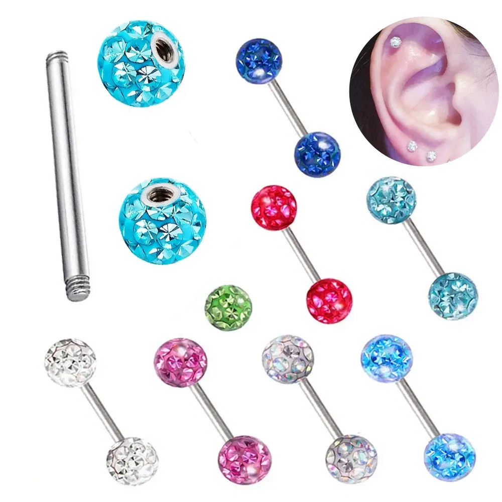 Metal color: Silver Plated, Main Stone Color: black - 16g 1.2mm Coated Crystal Steel Ear Stud Tragus Helix Cartilage 3/4/5mm CZ Ball 6/8/10/12/14mm Bar Barbell Piercing
