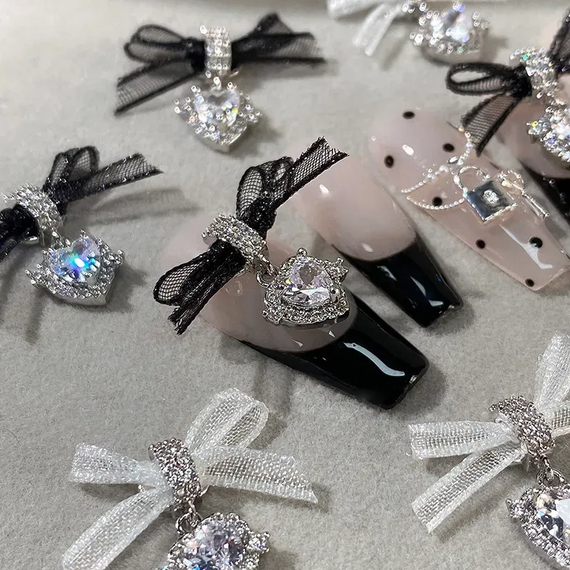 Color: Ivory - 5PCS New Metal Zircon Nail Art Accessories With Lace Bow Love Zircon Pendant Nail Charms Nail Supplies For Professionals