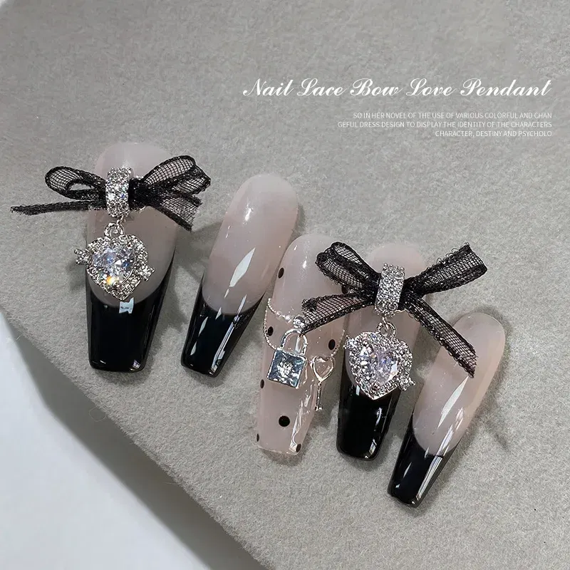 Color: Ivory - 5PCS New Metal Zircon Nail Art Accessories With Lace Bow Love Zircon Pendant Nail Charms Nail Supplies For Professionals