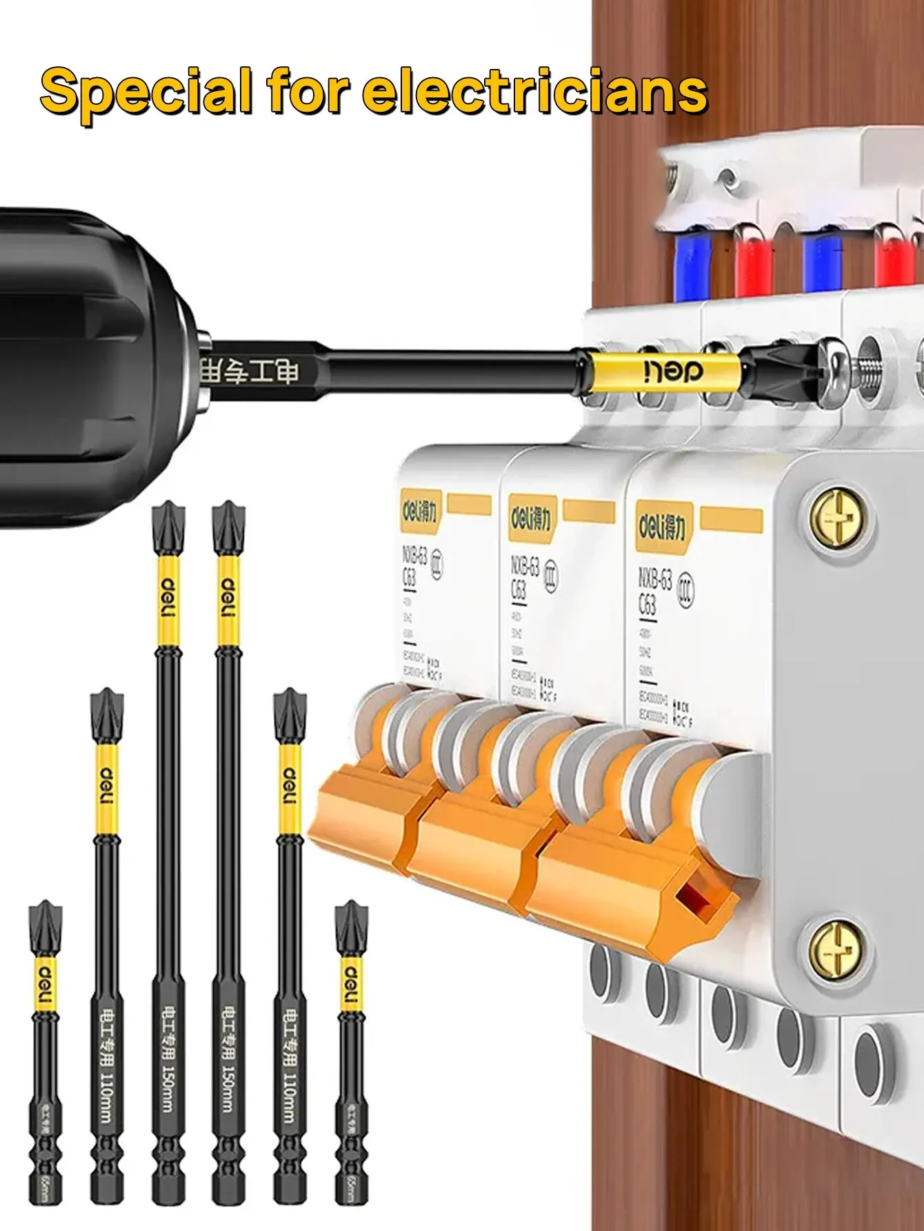Color: Yellow - Non-slip Cross Screwdriver Set Magnetic Batch Head Magnetic Batch Head Impact Screw Driver Bit 65/110/150mm