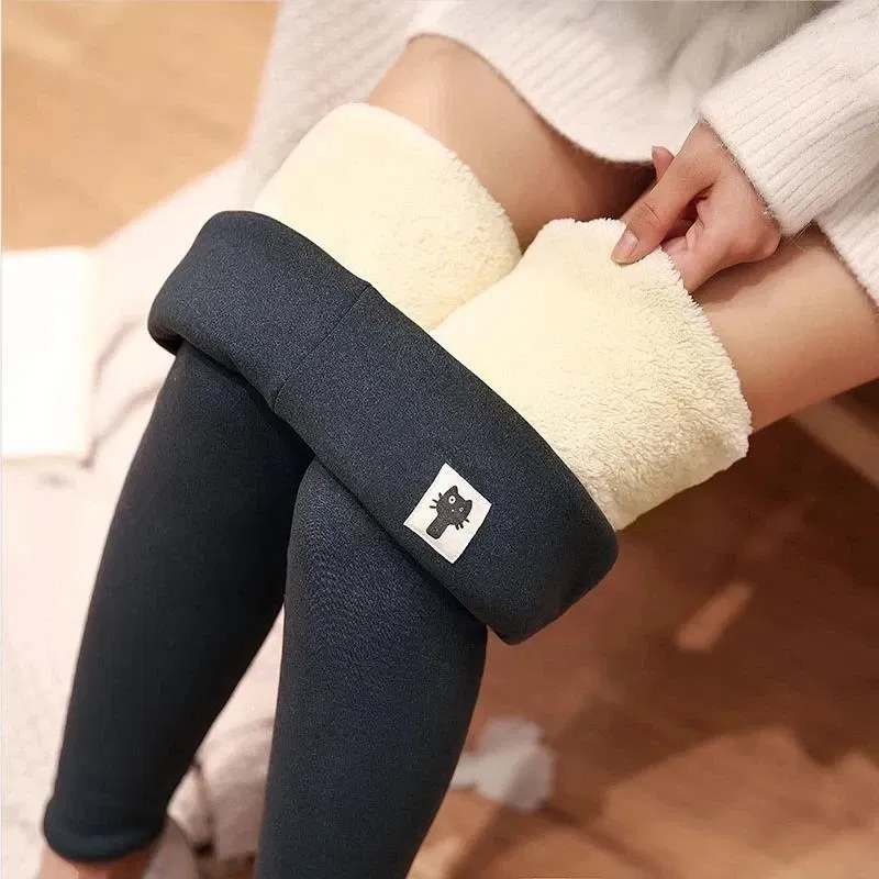 Color: black, Size: L - Winter Women Leggings Solid Warm Leggings Thicken Lambwool Hight Waist Fleece Keep Butt Lift High Stretchy Walking Pants Pocket