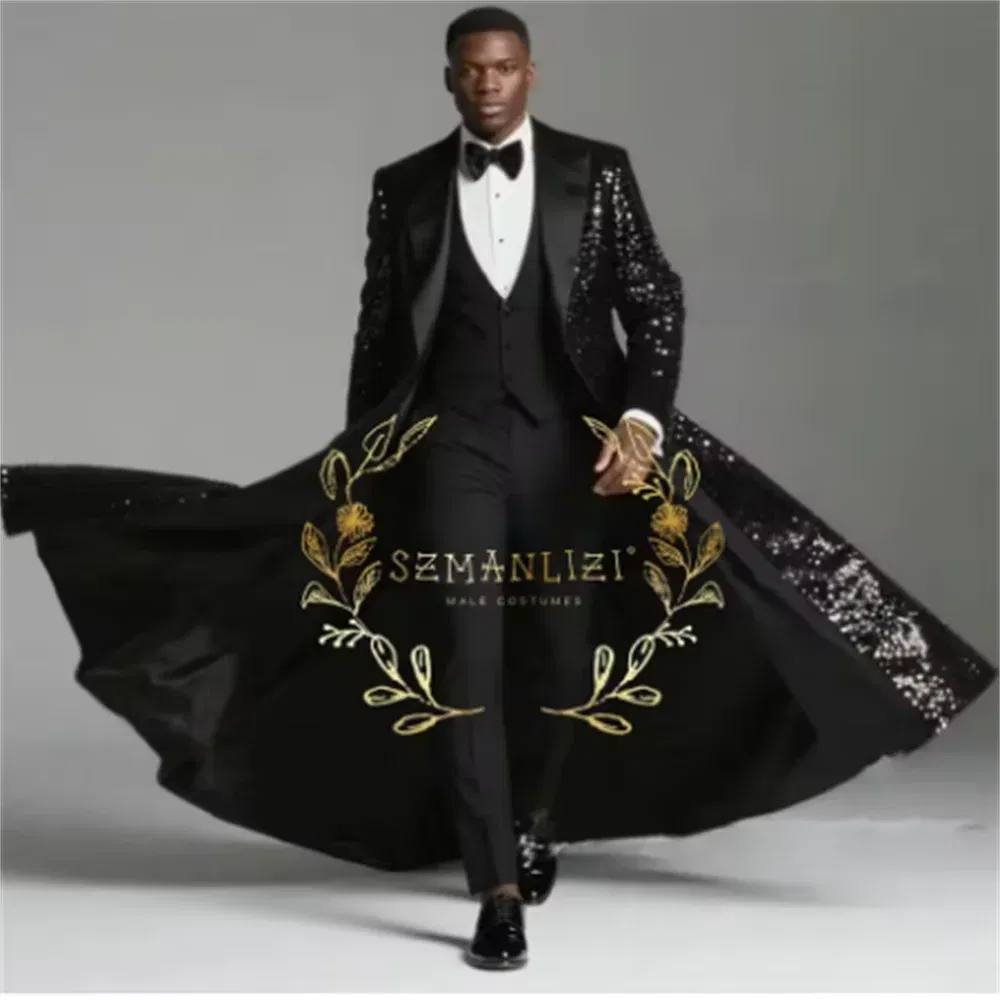 Color: black, Size: XL - Burgundy Shiny Sequin Suits Men 3 Pieces Sets Single Breasted Groom Long Blazer Costume Homme Wedding Tuxedo Male Clothing
