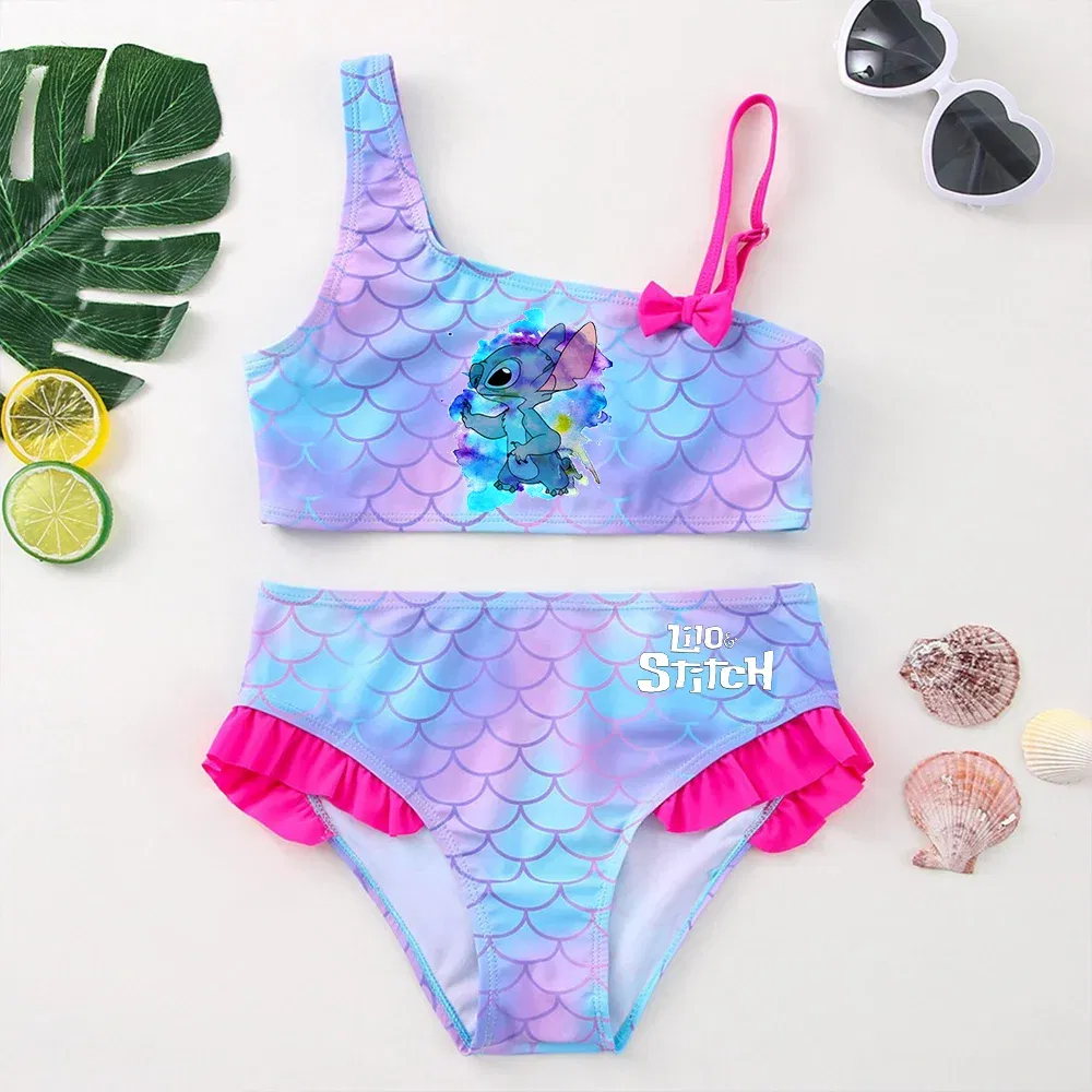 Color: Chocolate, Size: L - Lilo Stitch Girls Swimsuit One-Piece Bathing Suits Kids Wear Fashion Mermaid Fish Children's Dresses Summer Swimwear Beach Suit