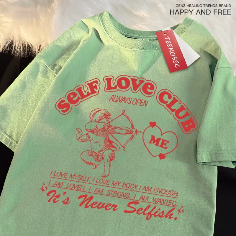 Color: Pink, Size: M - Self Love Club Fun Cupid Men Women T Shirts Breathable Street Tee Clothes Cotton Summer Fashion Loose Casual Oversized T Shirt