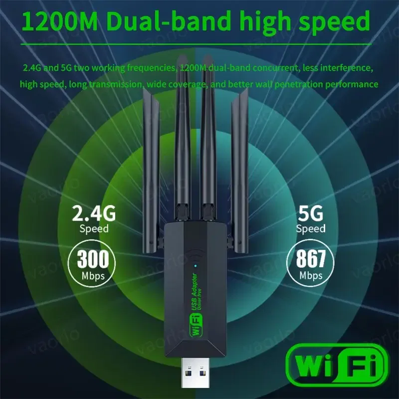 Color: WHITE - 1200Mbps WiFi USB Adapter Dual Band 2.4G+5Ghz Wi-Fi Dongle 4 Antenna 802.11AC USB3.0 High-Speed Wireless Card Receiver PC/Laptop