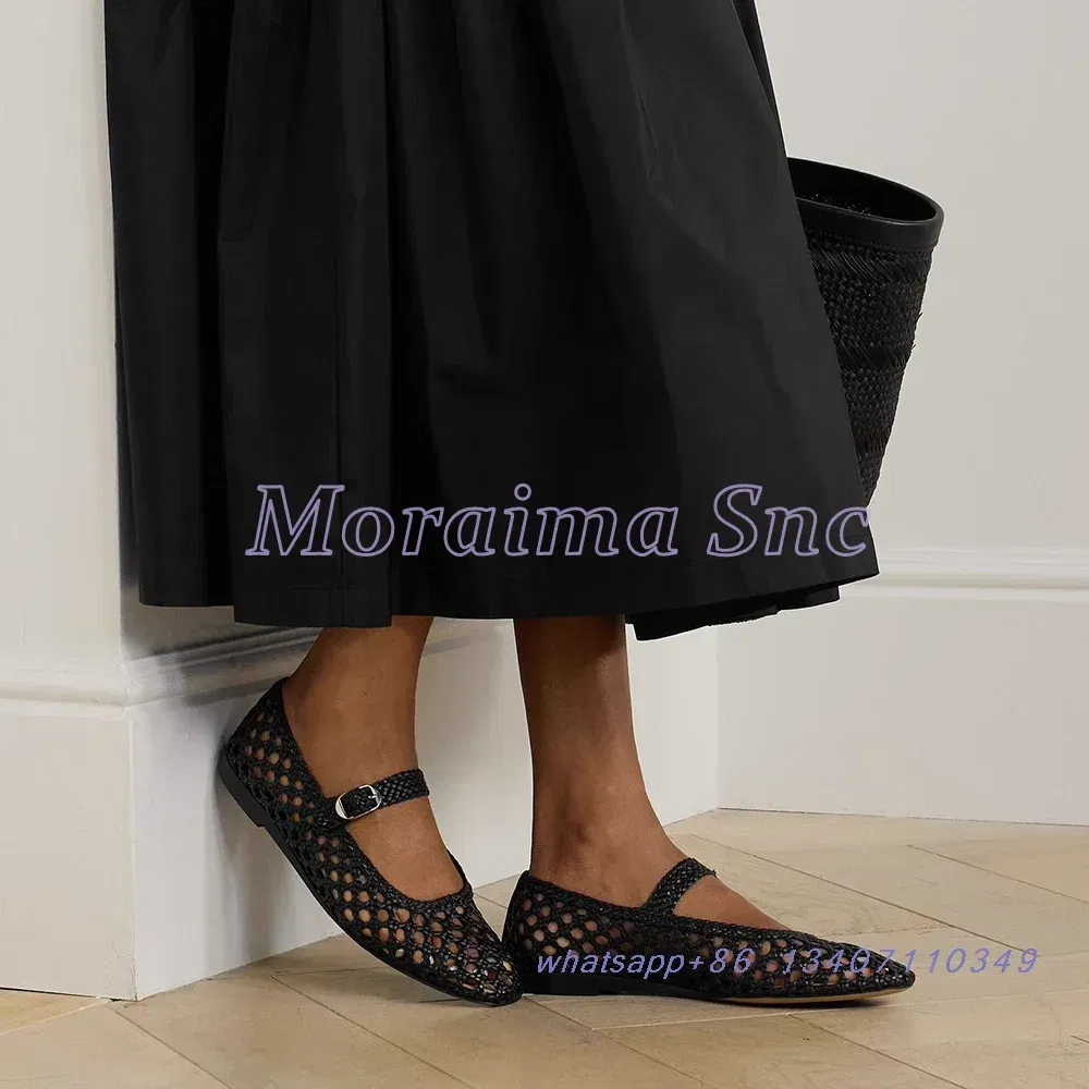 Color: wine red, Shoe Size: 40 - Hollow Woven Leather Ballet Shoes Flat With Round Toe Ankle Buckle Strap Fashion Shallow Women Shoes Mary Janes Summer New 2025