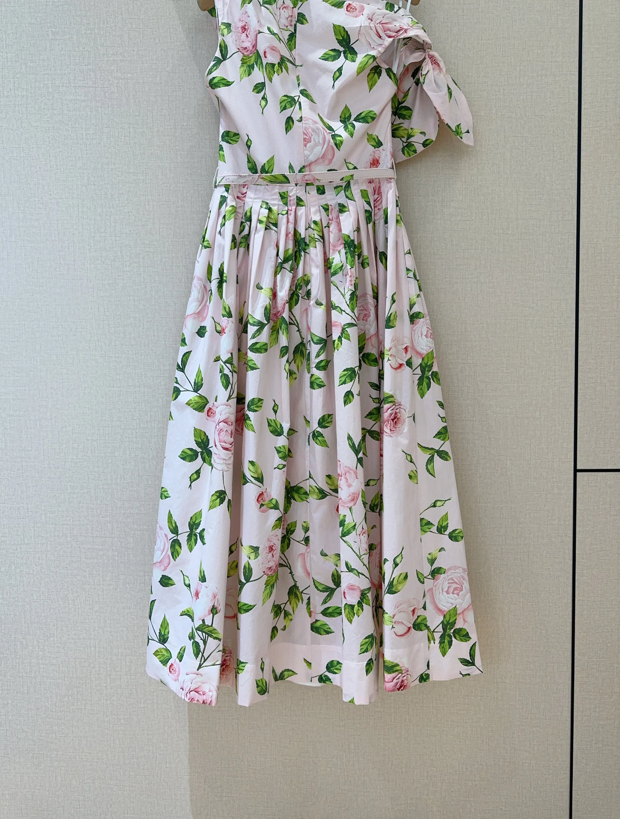 AELESEEN 100% Cotton Summer Dress Women One Shoulder Pink Flower Print Bow Elegant Long Party Elegant Poplin Vacation Holiday