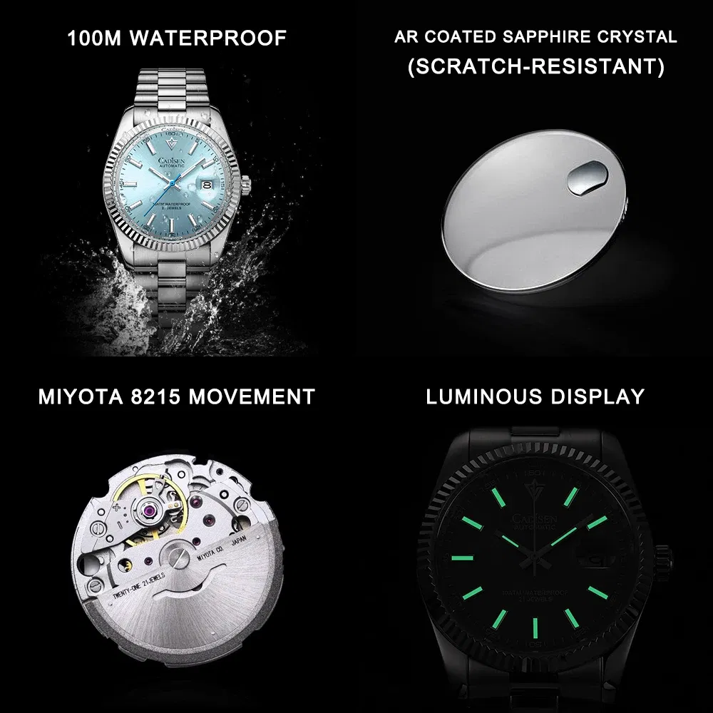 Color: grey - CADISEN New Mens Mechanical Automatic Watch Top Brand Luxury C3 Luminous AR Sapphire MIYOTA 8215 100M Waterproof Gift Watch Men
