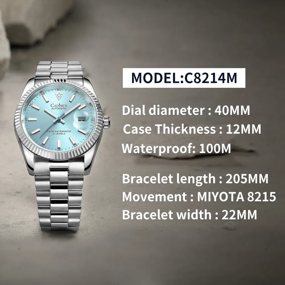 Color: grey - CADISEN New Mens Mechanical Automatic Watch Top Brand Luxury C3 Luminous AR Sapphire MIYOTA 8215 100M Waterproof Gift Watch Men