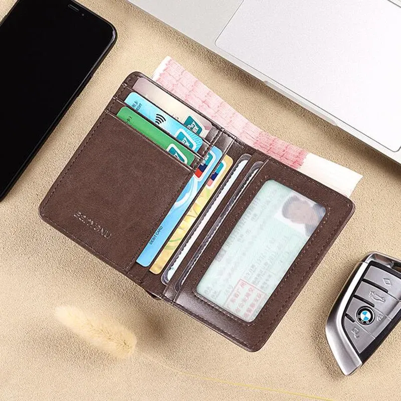 Color: black - Simple Design Men Card Holder Purse Vertical Slim Money Clip Genuine Leather Wallet for Men Anti RFID