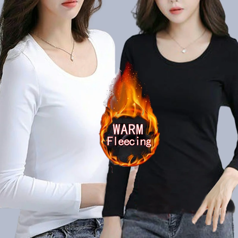Color: Gold, Size: S - O Neck Long Sleeve Fleeceing Heating Fiber Thermal Basic T-Shirts Women Winter Bottoming Cropped Tops Casual Skinny All-match