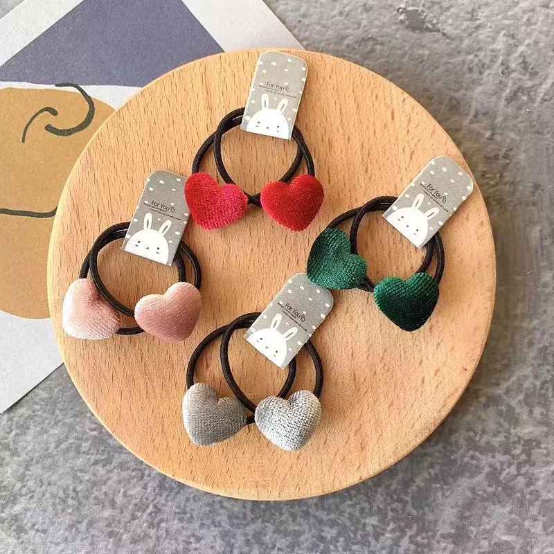 Color: Cyan - 2pcs Velvet Heart Plaid Star Button Elastic Hair Bands Rubber Hair Rope Tie Girls Hair Scrunchie Ponytail Holder Gum Accessories