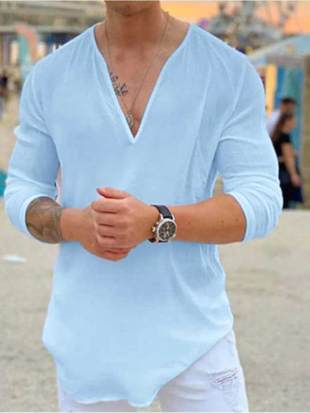 Color: Beige, Size: M, Ships From: CHINA - New men's Casual Shirt Trend Fashion V-Neck Loose Street Style Solid Color Long-Sleeved Pullover Spring And Autumn Tops