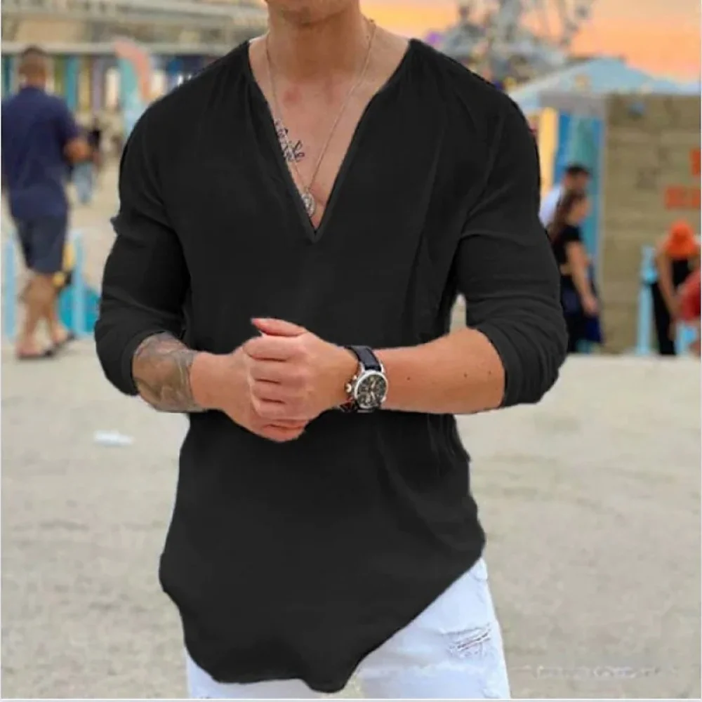 Color: Beige, Size: M, Ships From: CHINA - New men's Casual Shirt Trend Fashion V-Neck Loose Street Style Solid Color Long-Sleeved Pullover Spring And Autumn Tops