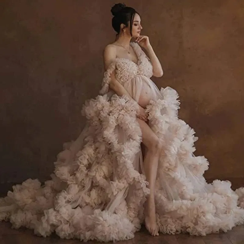 Color: Brown, Maternity Size: L, Ships From: CHINA - Tulle Long Maternity Dress Photoshoot  п?»?°?‚ь?µ  photography dresses baby shower dresses for pregnant woman  п?»?°?‚ь?µ д?»я ?±?µр