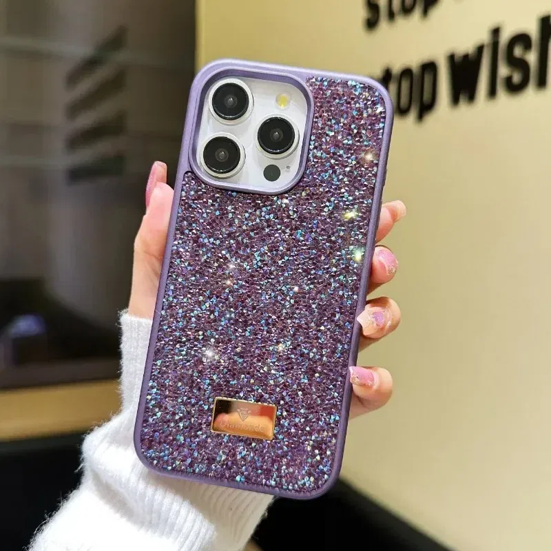 Material: PE, Color: Blue - Luxury INS Dazzling Full Covered Zircon Macaroon Color Phone Case for iPhone 16 15 14 11 12 13 Pro Max Plus Back Cover