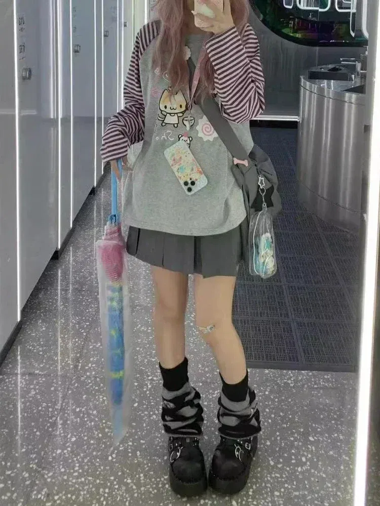 Color: Beige, Size: M - Grey Pink Striped Panda Print Long Sleeve Shirts Y2k Cartoon Japanese Harajuku Kawaii Loose Hoodie Women Spring New Tees