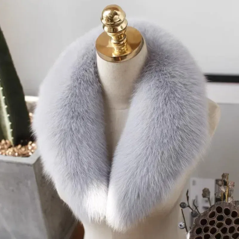 Color: LIGHT GRAY, Size: XL - Fox Fur Collar Winter Coat Hood Decor Furry Fur Collar Natural Fur Scarf Warm Shawls Scarves Large Fur Shawl Red  Fur Collar