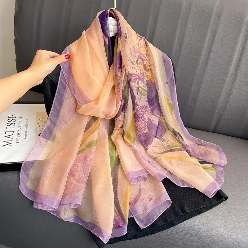 Color: Brown, Size: One Size - New Fashion Pink Silk Scarf Soft Stoles Women Summer Hijab Scarf Luxury Print Sunscreen Shawl Wraps Bandana Ladies Head Scarves