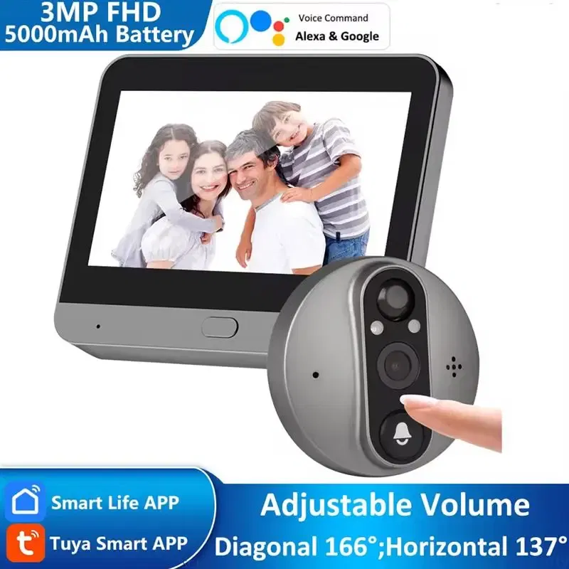 Color: Yellow, Ships From: CHINA - New! 3MP Tuya Smart Life APP Home Battery WiFi Video Digital Door Peephole Viewer PIR IR Door Bell Magic Eye FHD Camera Alexa