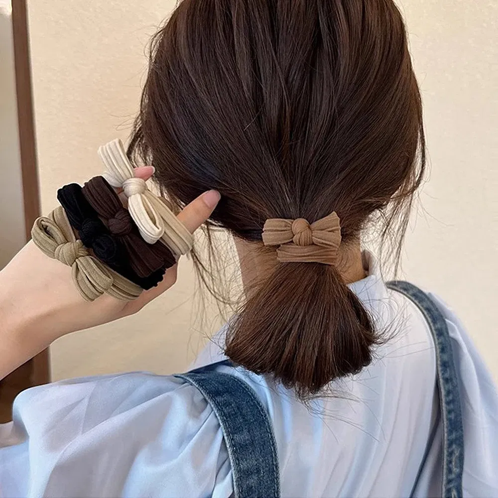 Color: GRAY - 5pcs/Set Candy Color Bow Hair Rope High Elastic Seamless Rubber Band For Women Girls Ponytail Holder Summer BB Hair Ties Ring