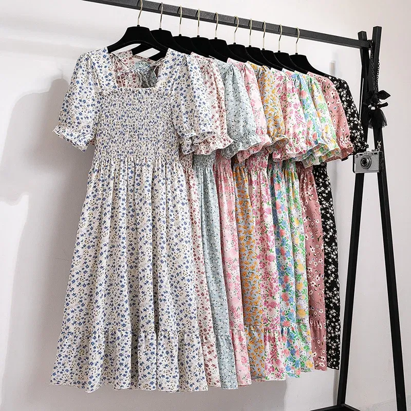 Color: army green, Size: One Size - Summer Pleated Women Chiffon Dresses Casual Beach Holiday Short Sleeve Square Collar Woman Midi Dress Bohemian Mujer Vestidos
