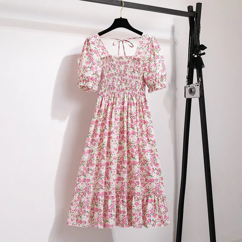 Color: army green, Size: One Size - Summer Pleated Women Chiffon Dresses Casual Beach Holiday Short Sleeve Square Collar Woman Midi Dress Bohemian Mujer Vestidos