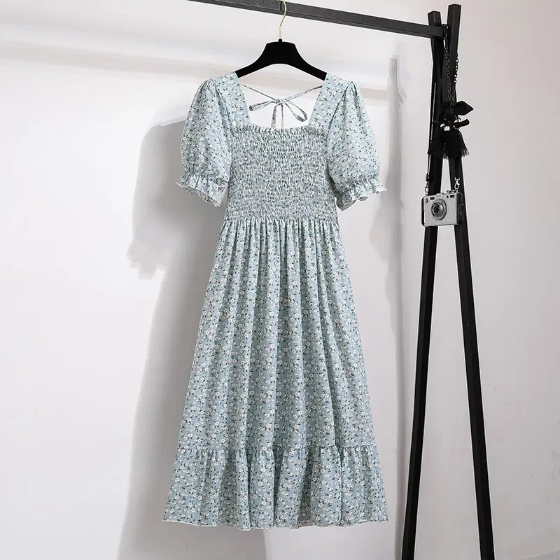 Color: army green, Size: One Size - Summer Pleated Women Chiffon Dresses Casual Beach Holiday Short Sleeve Square Collar Woman Midi Dress Bohemian Mujer Vestidos