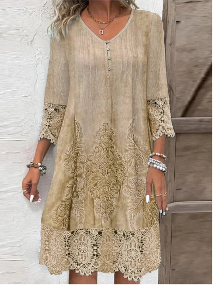 Color: Blue, Size: S - Lace Printed Short Sleeved Button V-neck Women's Dress Elegant Casual Fashionable High Street Spring Dresses