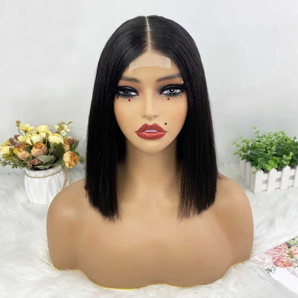Hair Color: #1B, Stretched Length: 8inches, Density: 100% - Vietname Super Double Drawn Straight Short Bob Wigs 2x6 Lace Closure Wig for Women 100% Human Hair Orange Candy Lace Closure Wig