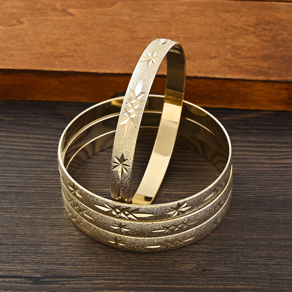 Metal Color: BRASS PLATED - Adult Size 4PCS 65MM 9K Gold Color Hig Quality Top Sale Cute Bracelet Jewelry  Flower Bangle Girl Birthday Party Gift