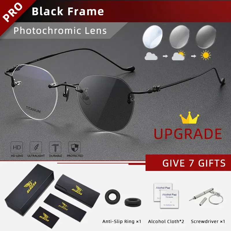 Frame Color: GRAY, Eye Prescription: +200 - BLMUSA Pure Titanium Rimless Anti-blue Light Reading Glasses for Men Round Photochromic Optical Prescription with MR-8 lens