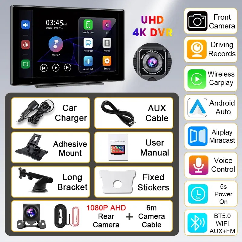 10.1" 4K Dash Cam Wireless Carplay Android Auto GPS Navigation Car DVR Rearview Camera Dashboard Video Recorder Monitor Park AUX