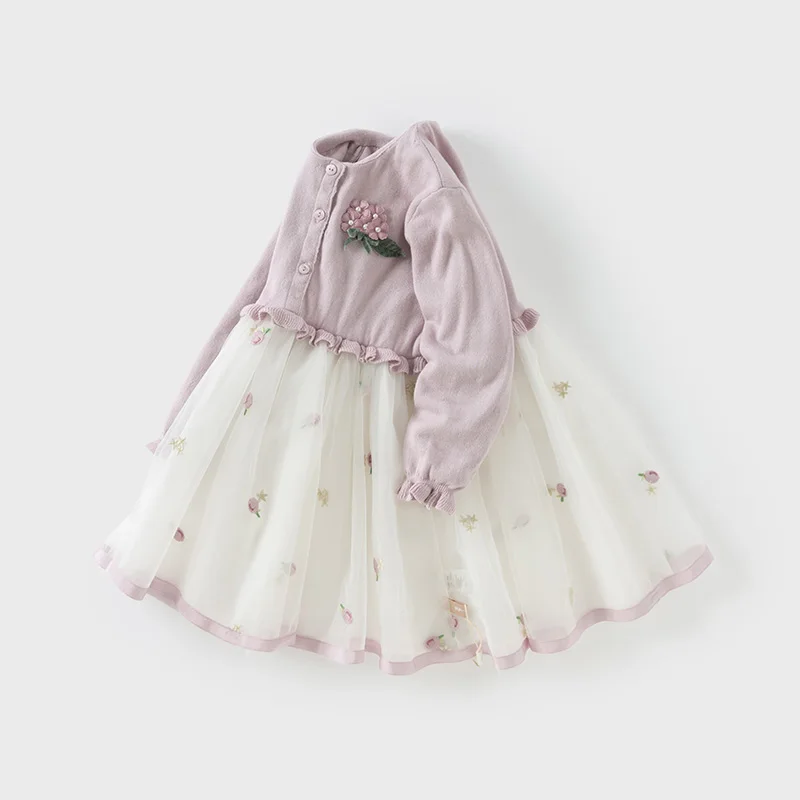 Color: Pink, Kid Size: 32 - Dave Bella 2025 Spring Girls Baby Princess Dress Children New Gentle Cute Embroidery Mesh Long Sleeved Party Outdoor DB1250340