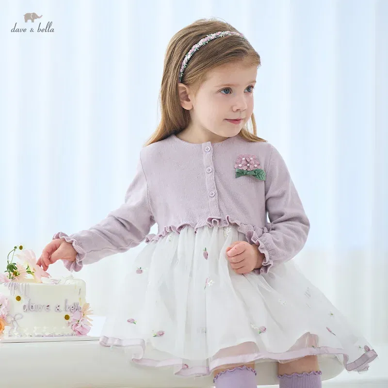 Color: Pink, Kid Size: 32 - Dave Bella 2025 Spring Girls Baby Princess Dress Children New Gentle Cute Embroidery Mesh Long Sleeved Party Outdoor DB1250340