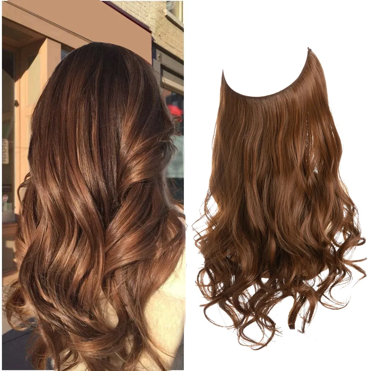 Color: T1B/27, Stretched Length: 16inches - Synthetic No Clip Wave Hair Extensions Ombre Natural Black Blonde Pink One Piece False Hairpiece Fish Line Fake Hair Piece