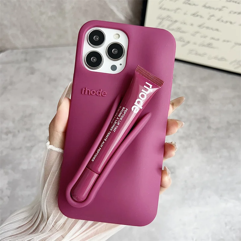 Color: GRAY, Bundle: Bundle1, Material: Leather - Phone Case For iPhone 12 13 14 15 16 Pro Max Plus 17 Air Portable Lip Gloss Holder Lipstick Silicone Soft Bumper Cover Lip Glaze