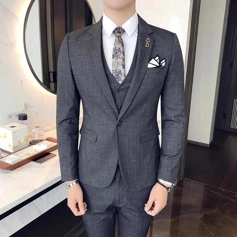 Color: Gold, Size: XL - Gray Men Classic Striped/Checked Suits, Business Office 3 Piece, Asian Size Slim Fit Men Dress Jacket & Pants with Vest, S-4XL