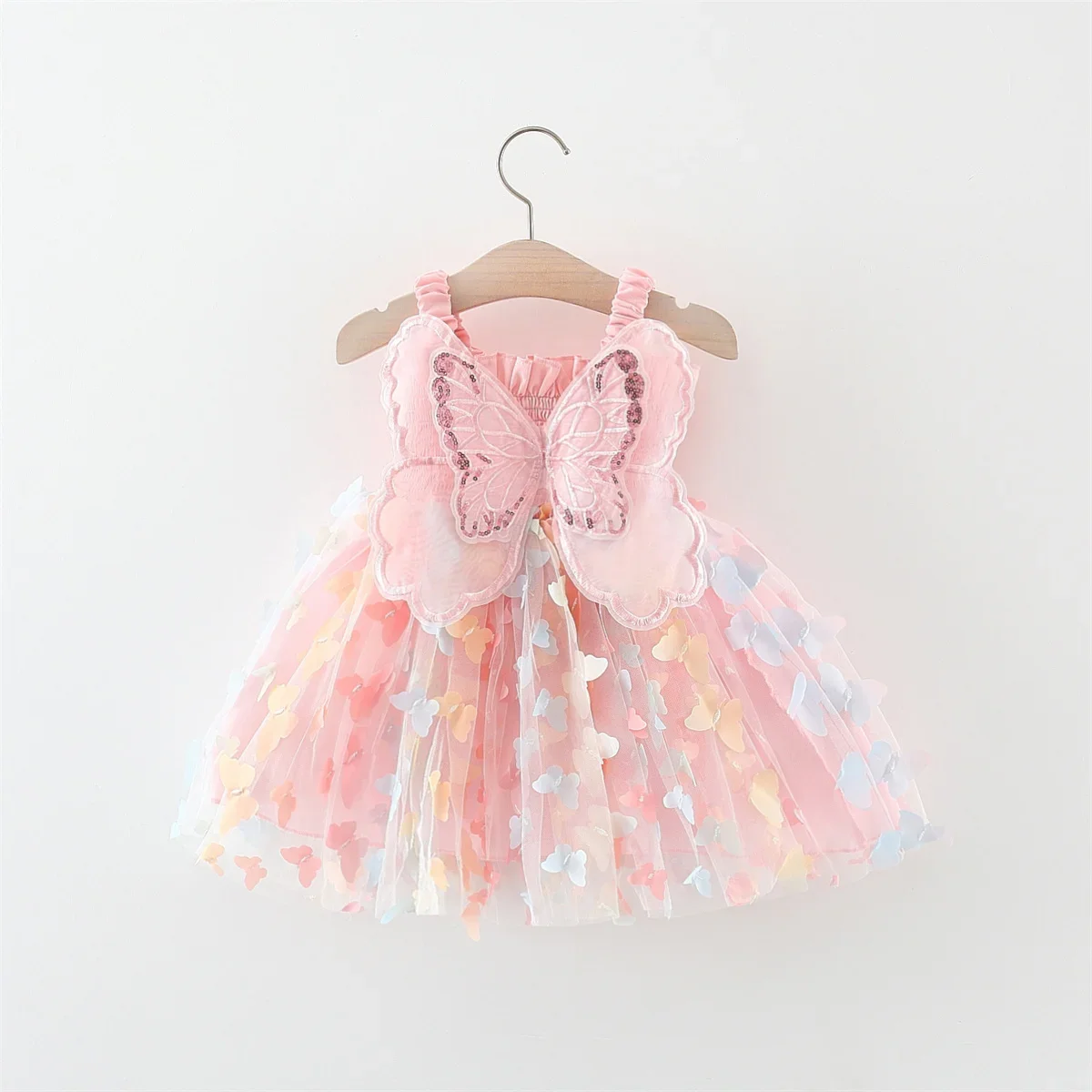 Color: Pink, Kid Size: 12M - New Summer Baby Girl Dress Halter Butterfly Back Wings Fantasy Princess Dress Sweet Birthday Party Team Dress