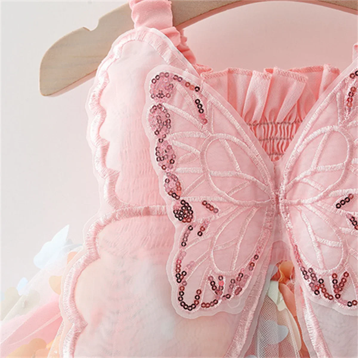 Color: Pink, Kid Size: 12M - New Summer Baby Girl Dress Halter Butterfly Back Wings Fantasy Princess Dress Sweet Birthday Party Team Dress