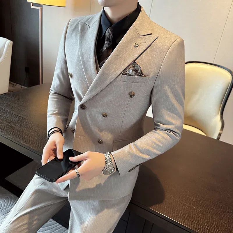 Color: Blue, Size: XXL - 2025 Men's Double Breasted 3/2 Piece Business Casual Wedding Dress Suit with  Trousers Regular Fit Bridegroom High Sense