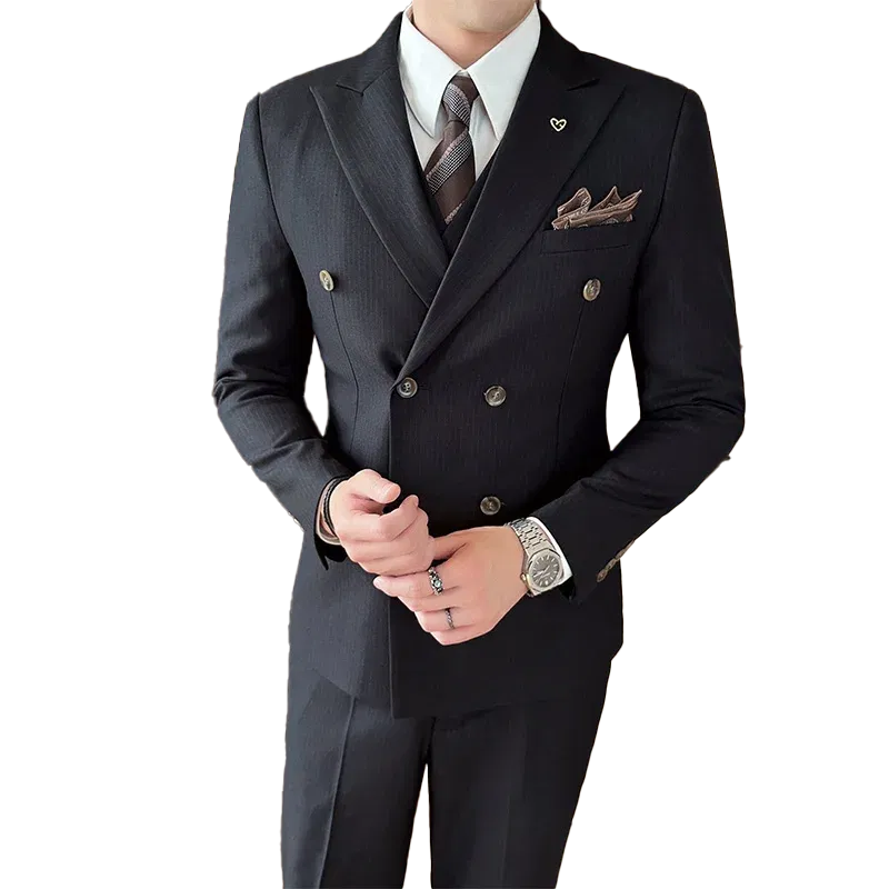 Color: Blue, Size: XXL - 2025 Men's Double Breasted 3/2 Piece Business Casual Wedding Dress Suit with  Trousers Regular Fit Bridegroom High Sense