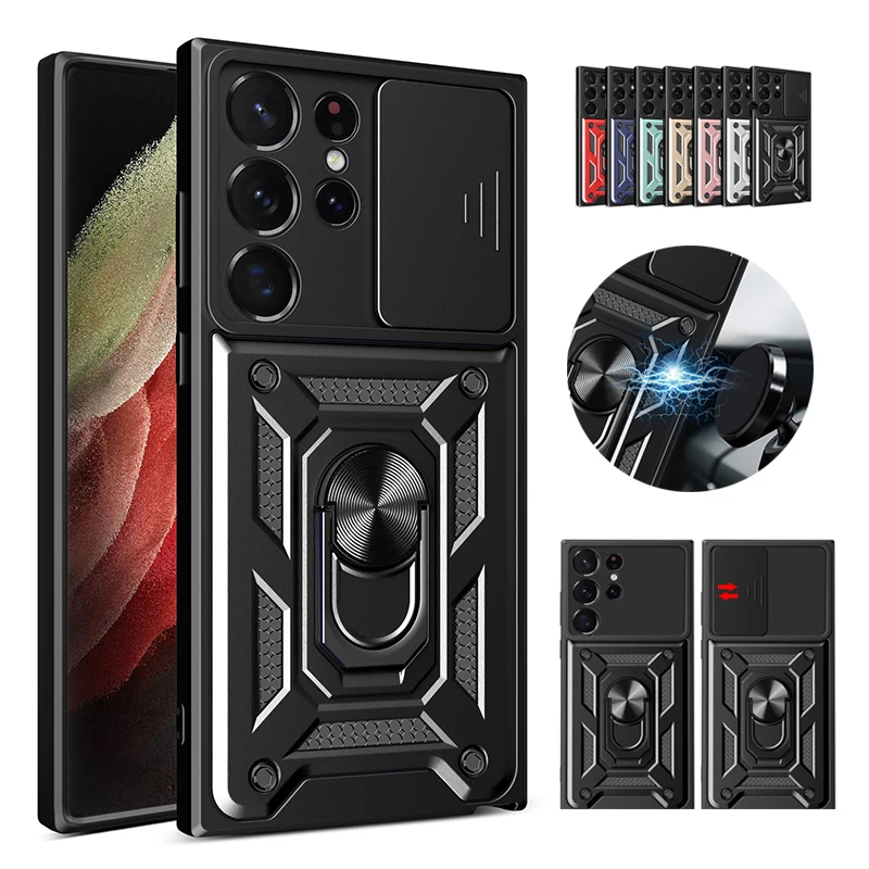 Material: plastic, Color: Black - Shockproof Armor Case For Samsung Galaxy S20 S21 S22 S23 S24 Plus Ultra FE With Car Magnetic Ring Holder Phone Cover
